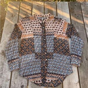 Free People XS Boho Patchwork Button Front Blouse